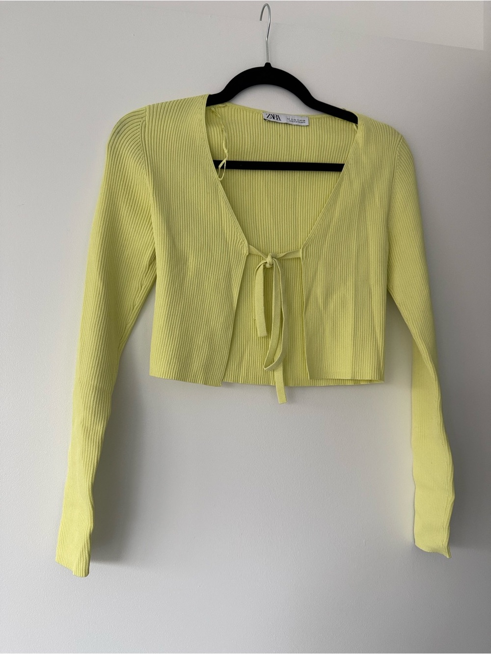 Zara Lemon Ribbed Tie-Front Crop Cardigan